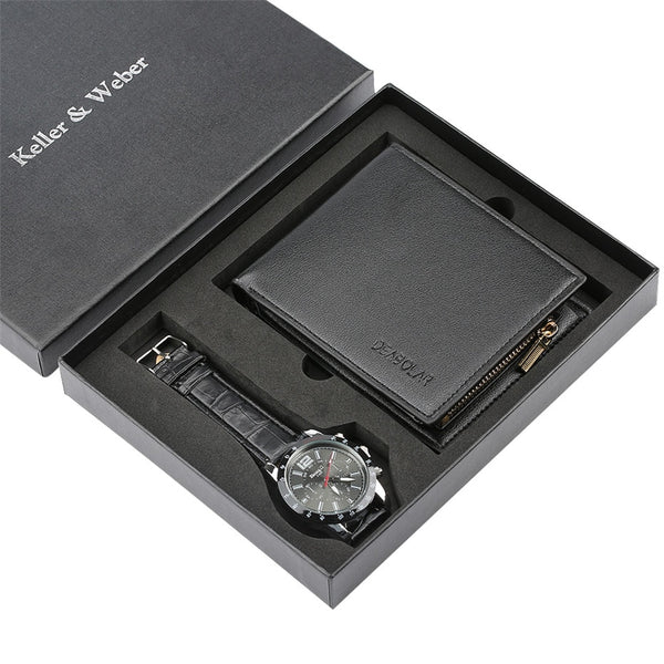 Chronograph Watch Mens Quartz Watches Fashion Leather Wallet Men's Gifts Set Luxury Purse Business Wristwatch for Male reloj