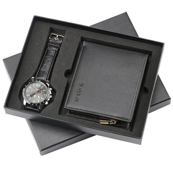 Chronograph Watch Mens Quartz Watches Fashion Leather Wallet Men's Gifts Set Luxury Purse Business Wristwatch for Male reloj