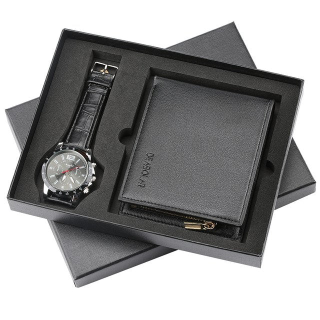 Chronograph Watch Mens Quartz Watches Fashion Leather Wallet Men's Gifts Set Luxury Purse Business Wristwatch for Male reloj