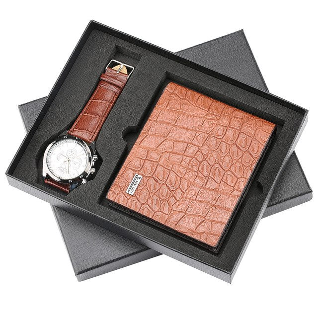 Chronograph Watch Mens Quartz Watches Fashion Leather Wallet Men's Gifts Set Luxury Purse Business Wristwatch for Male reloj