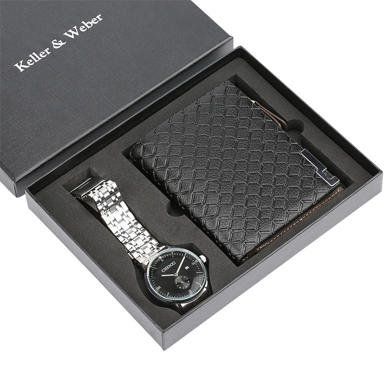 Luxury Men Watch Wallet Gift Set for Male Fashion Steel Mens Wristwatch Bracelet Clasp Business Casual Wrist Clock for Men reloj