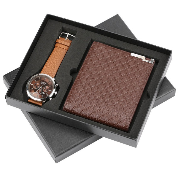 Chronograph Watch Mens Wallet Gift Set for Male Luxury Wristwatch for Men Quartz Leather Strap Wrist Clock Birthday Gift reloj