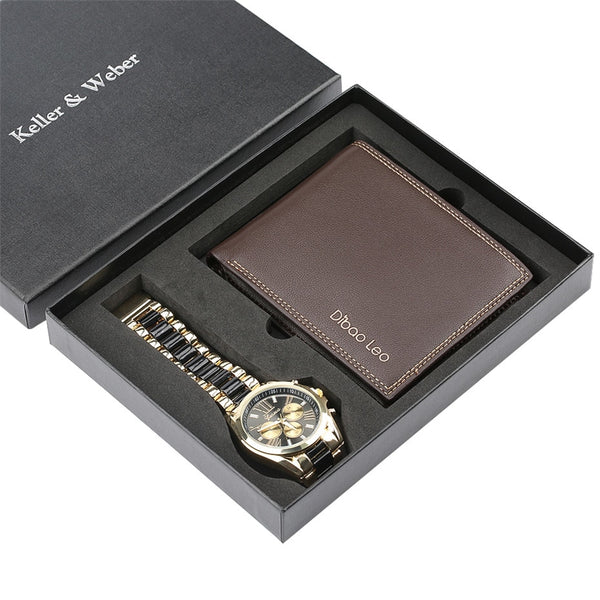 Luxury Mens Watch Chronograph Wristwatch Gift Set with Leather Wallet High Quality Present Clock Set for Male reloj masculino